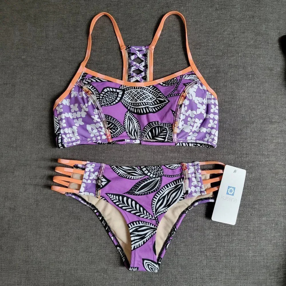 Kuleana Women's Purple Leaf Print Top & Bottom Two Piece Set Size xsmall